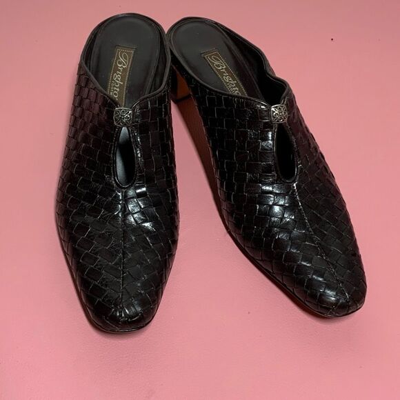 Vintage Brighton Tynan Woman’s Size 8 Brown Woven Leather Snip Toe Heeled Mule - Picture 1 of 9